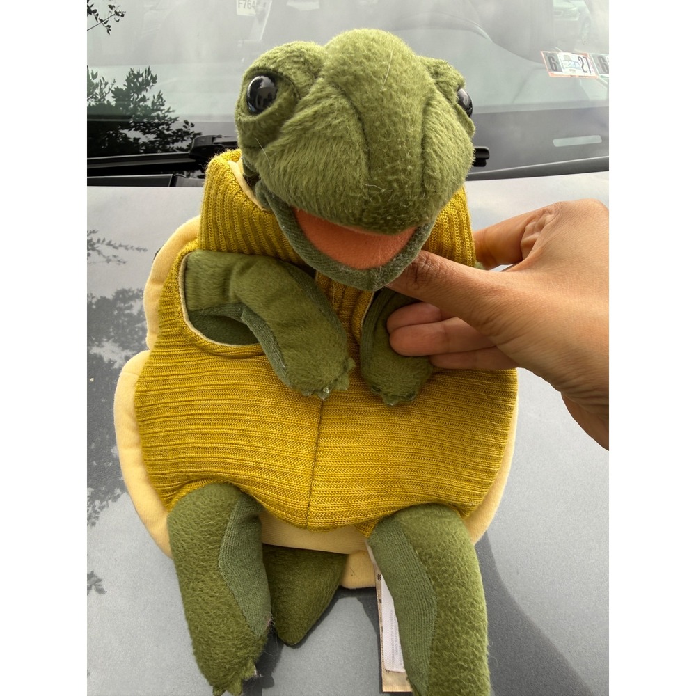 Folkmanis Turtle Hand Puppet Green Plush Yellow Sweater Faux Leather Shell 2043